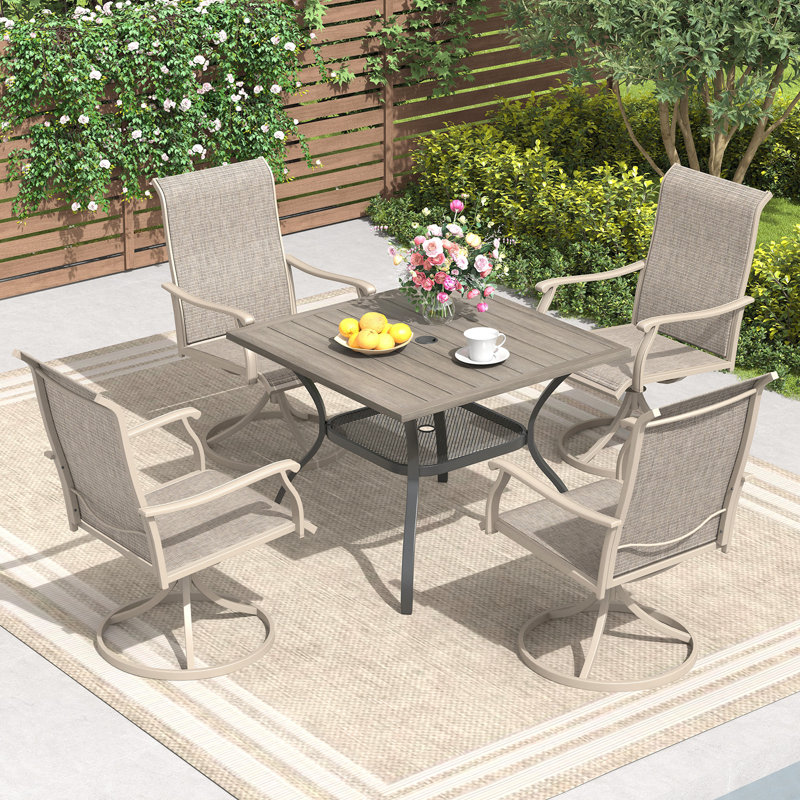Outdoor Patio Dining Set with 4-person Square Dining Table and  Swivel Chairs, Brush Wood Gray/Sandshell