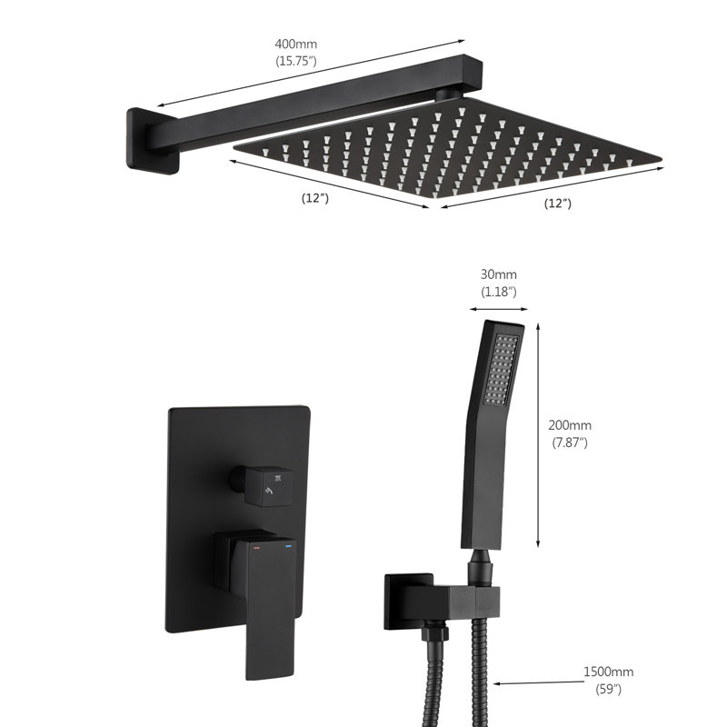 Wall Mounted 12 - Inch Matte Black Brass Shower System With Adjustable Head, Single Lever, And Finish For Long Term Use Combination Lever Handle, Flow, Contemporary Bathroom Style