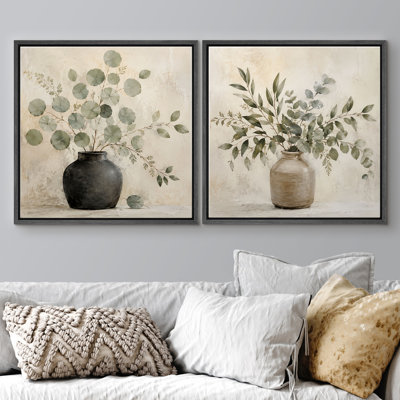 Ensemble de 2 vases minimalistes avec des vases en ton de terre avec un ensemble de 2 reproductions d'art sur toile encadrées