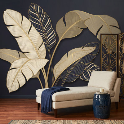 Papier peint botanique mural fond marine foncé amovible feuilles tropicales