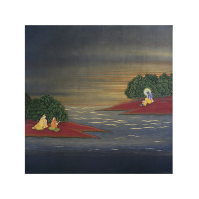Original "Krishna Playing Flute" Watercolor on Linen Canvas by National Awardee Shammi Bannu Sharma 40" x 40" Large Traditional Indian Wall Art