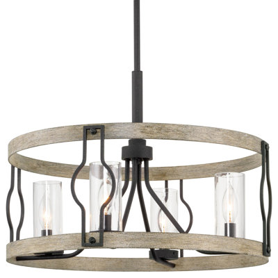 20" 4-Light Modern Farmhouse Drum Pendant Light + Cylinder Glass Shades, Gray Oak Wood Style + Textured Black Finish