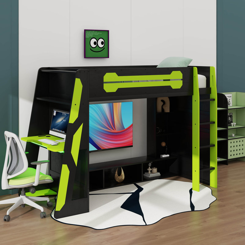 Lit mezzanine simple avec bureau et lumière RVB, Vert