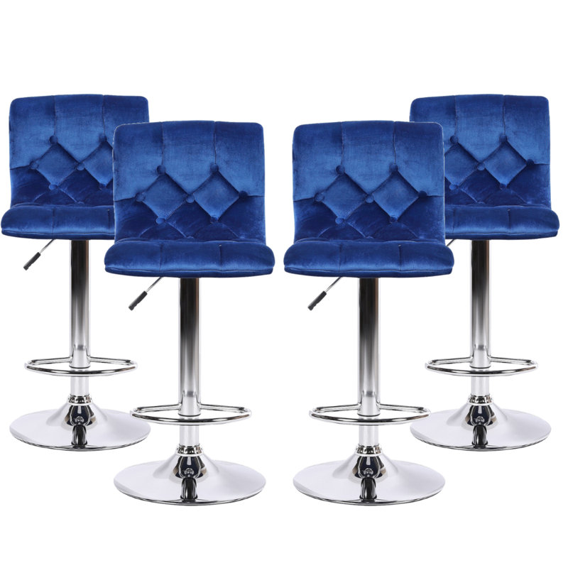 Tabouret réglable en velours Ghel avec base piédestal chromée, Bleu