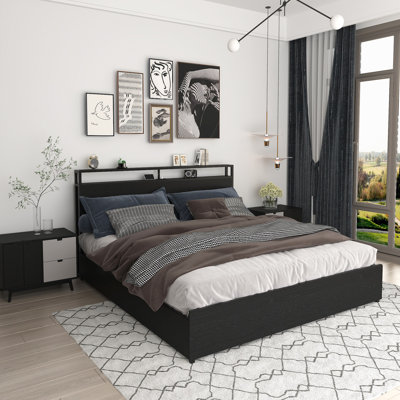 King Bed Frame, Storage Headboard With Charging Station, Solid And Stable, Noise Free, No Box Spring Needed, Easy Assembly