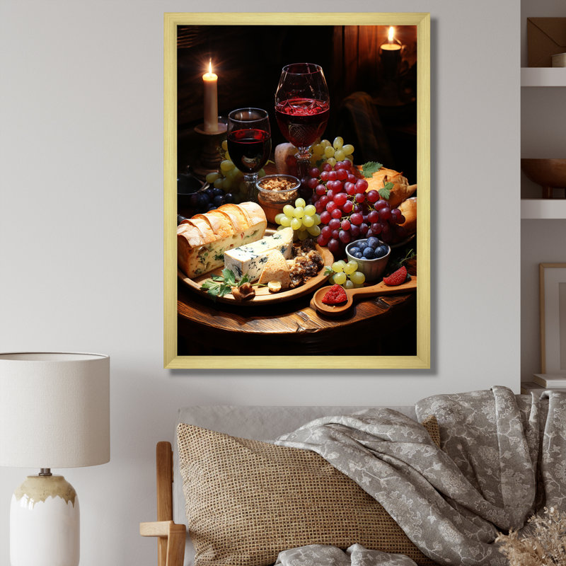 Élégante planche de charcuterie avec vin - art mural vin, Encadrement doré, H 40 po x l 30 po x P 1,5 po