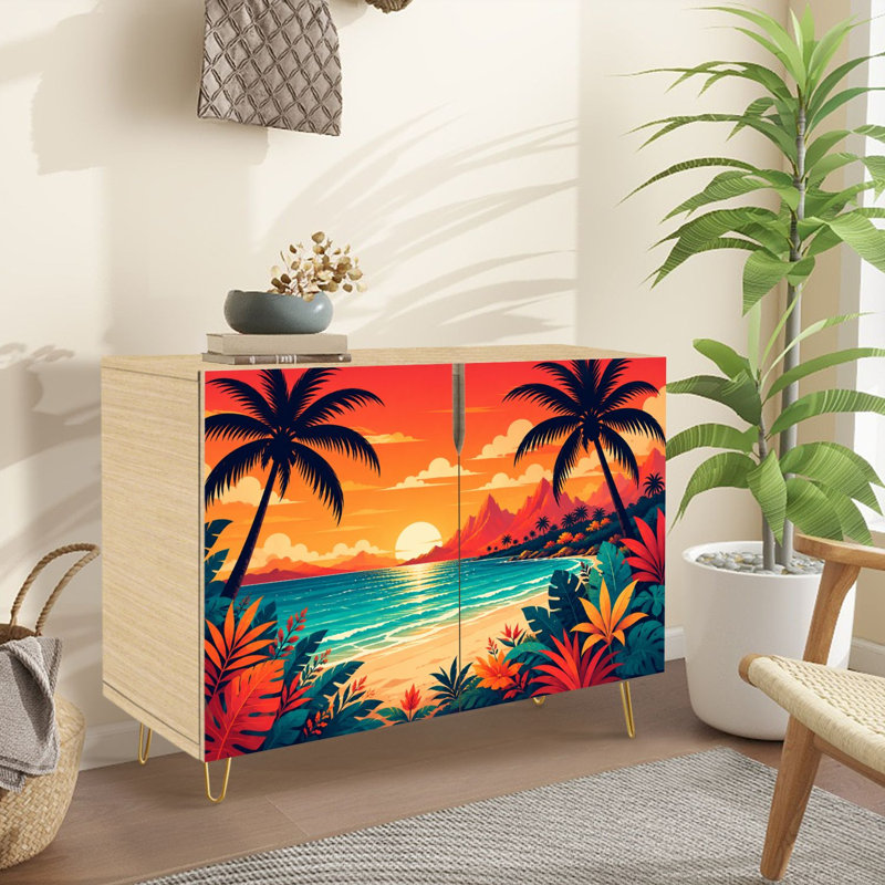 Buffet Buffet avec rangement Dessin d'été plage vacances Palmier tropical océan mer bord de mer avec 2 portes pour le salon et la cuisine