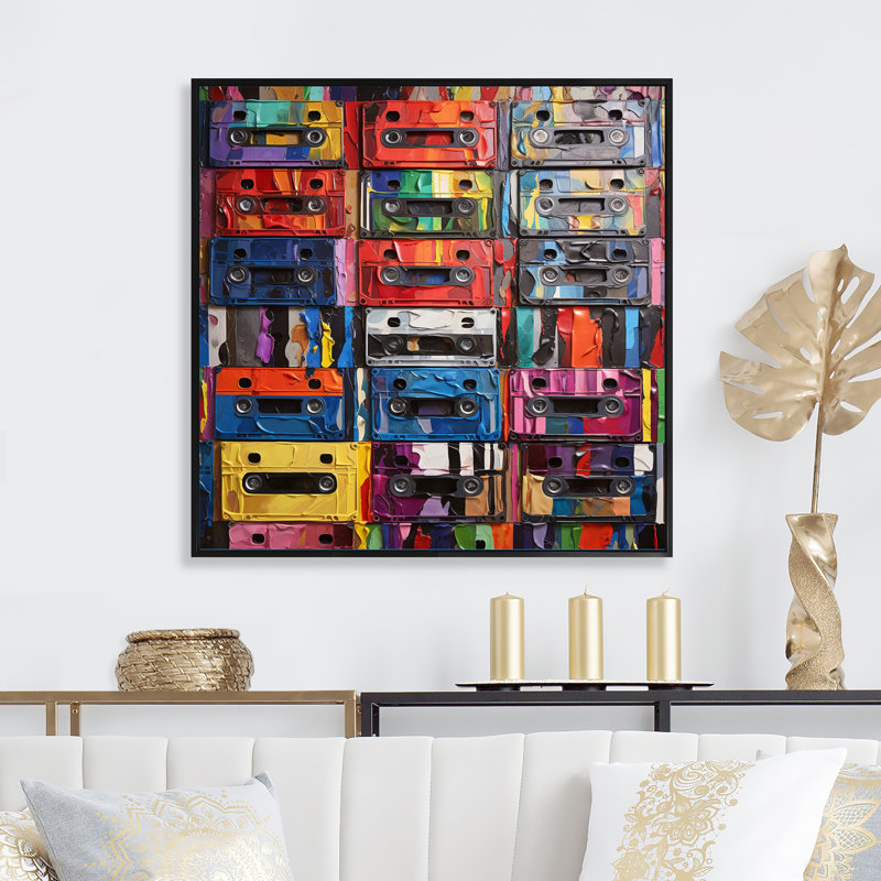 Cassette Tapes Tape Mosaic II - Music Wall Decor, Cadre flottant noir, H 24 po x l 24 po x P 1 po