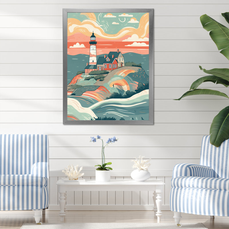Bord de mer phare II, reproduction sur toile, Cadre simple argenté, H 40 po x l 30 po x P 1,5 po