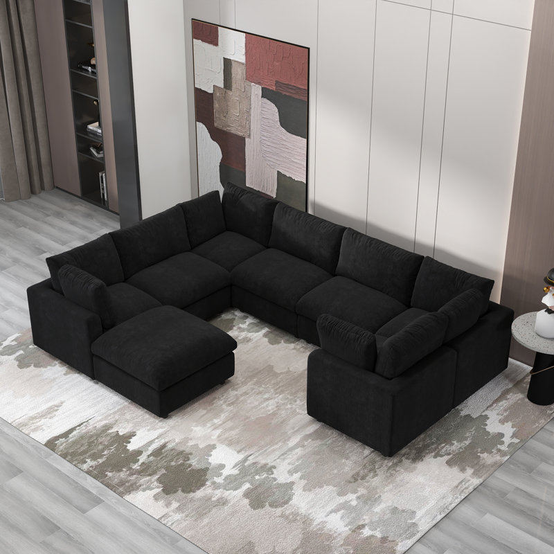 Kessi 8-Piece Upholstered Modern Chenille Fabric Modular Sectional Sofa With Ottoman, Black Chenille