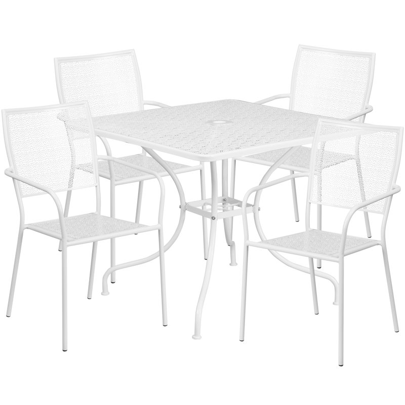 Chanea 35.5'' Square Indoor-Outdoor Steel Patio Table Set with 4 Square Back Chairs, White