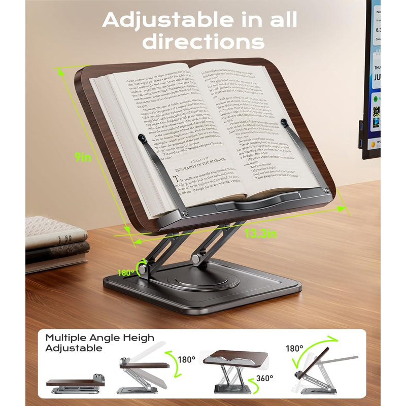 Support à livre pour lecture, support de livre réglable avec bases pivotantes à 360 °