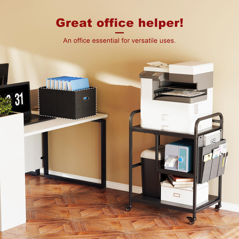 3 Tier Heavy Duty Printer Stand with Storage, Computer Tower Stand with Industrial Wheels & Drawer, Large Mobile Printer Table for Home Office Organization (Brown)