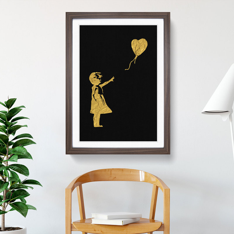 Banksy in Gold Balloon Girl - Picture Frame Graphic Art, 90cm H x 65cm W x 2cm D, Walnut