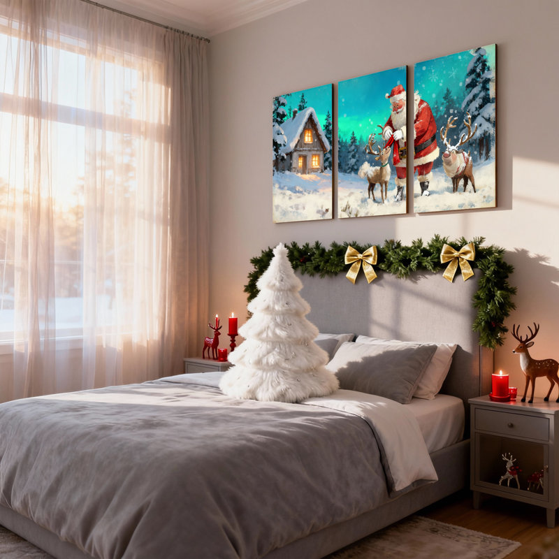 Père Noël de Noël avec renne dans un paysage enneigé, ensemble de 3 impressions sur toile, H 30 po x l 60 po