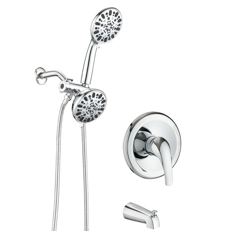 High Shower Tub - 2 In 1 Dual Faucet With Valve. 7 Spray Patterns Head & Handheld. . All Metal Construction. 1.8 Gpm Flow Rate. 59" Hose. 1/2" Connection Wall Mounted System Spout Faucet. Modes For A