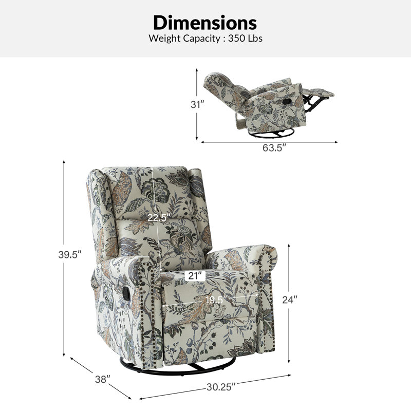 Alyissa Floral Print Manual Swivel Rocking Recliner with Nailhead Trims (Set of 2), Multi Gray Floral