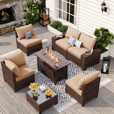 7-pieces Patio Conversation Set With Wide Armrests And Fire Pit Table,outdoor Rattan Seating Group