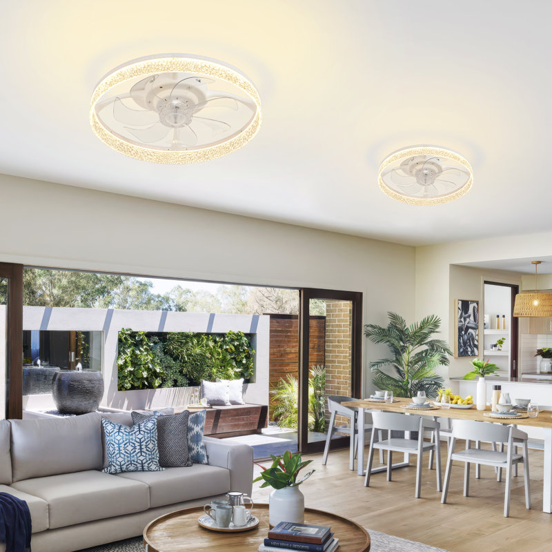 Ventilateur de plafond encastré blanc l 13 po avec lumière, télécommande et 6 vitesses, à intensité variable pour la chambre à coucher et les espaces de vie