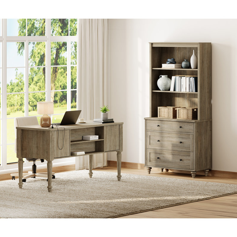 2 Piece Office Set, 56" Executive Desk & Bookcase With Drawers, White, Wash Grey
