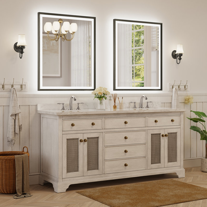 Modern Bathroom LED Mirror with Tempered Glass, Beveled Frame Vanity  Aluminum Frame Wall Mirror, 30" x 36", Brushed Black