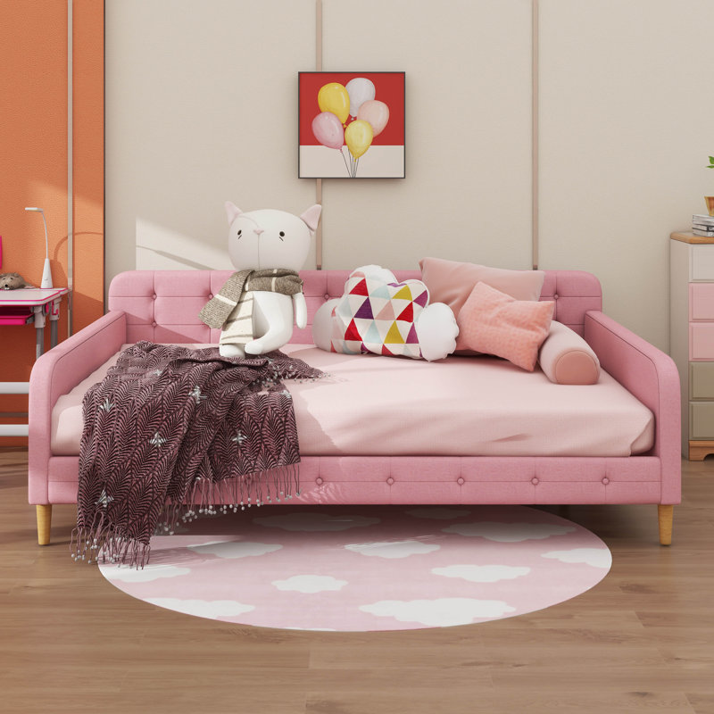 Daybed Wrapped In Fabric Upholstery And Resting On Robust Legs, Queen, Pink