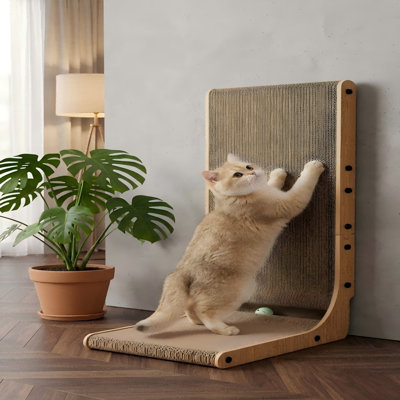 L-Shaped Cardboard Cat Scratcher, 26.8 Inch Vertical Scratching Board with Ball Toy, Large Scratch Pad, Brown