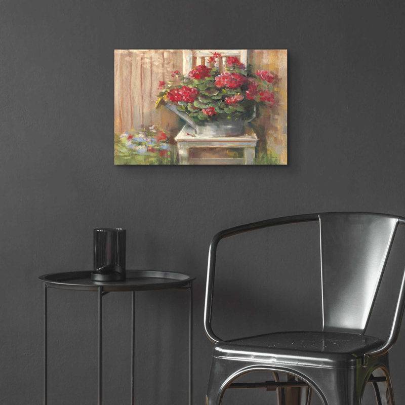 «Geraniums On Chair» par Carol Rowan, H 16 po x l 24 po x P 0,2 po
