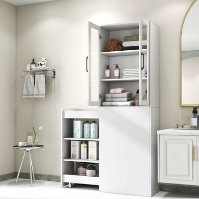 70.87" H Display Storage Cabinet With 4 Pull-out Shelves & 2 Glass Doors - Modern Multi-functional Pantry Cabinet For Kitchen, Living Room, Or Dining Room
