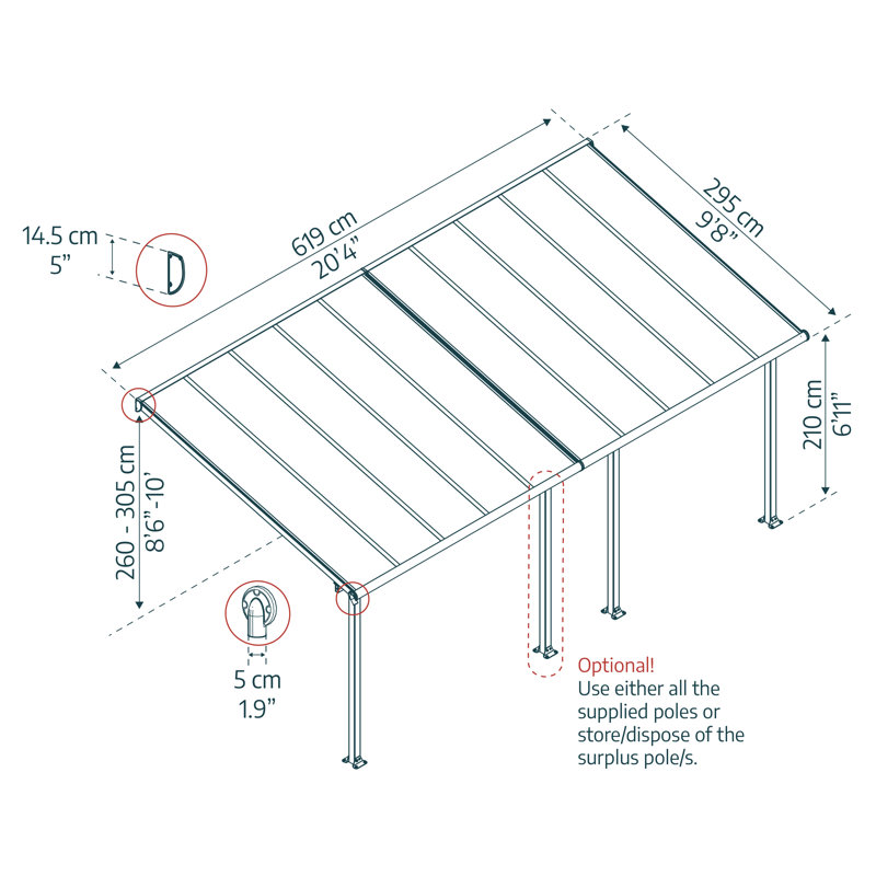 Auvent de patio en polycarbonate, Gris, 10 pi x 20 pi