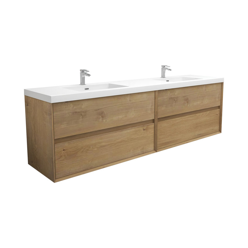 Ensemble de meuble-lavabo double mural 84 po Asaya, Chêne foncé