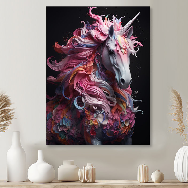 Décoration murale licorne féroce avec crinière rose - licornes, H 20 po x l 12 po x P 1 po, Pas de métal encadré