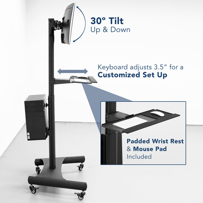 Adjustable Black Steel Mobile Dual Monitor Computer Cart