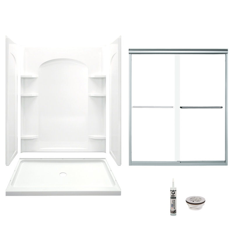 Ensemble de douche rectangulaire sans cadre de 60 po x H 75,75 po avec porte-serviettes et base inclus, Argent