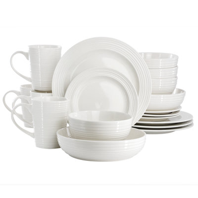 Ebern Designs Nikki 18 Piece Ribbed White Porcelain Dinnerware and Serving Bowl Set
