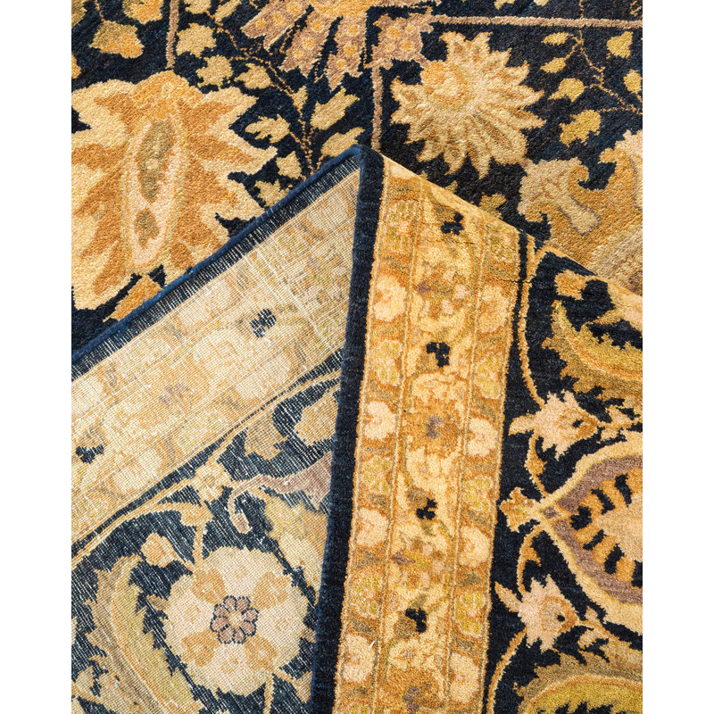 Tapis bleu marine en laine noué à la main de conception unique 8 pi x 10 pi Ohlone