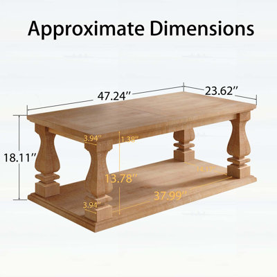 Table basse rectangulaire de style ferme, aspect vieilli, plateau en planches de bois, pieds balustres épais et tablette de rangement inférieure pour salon