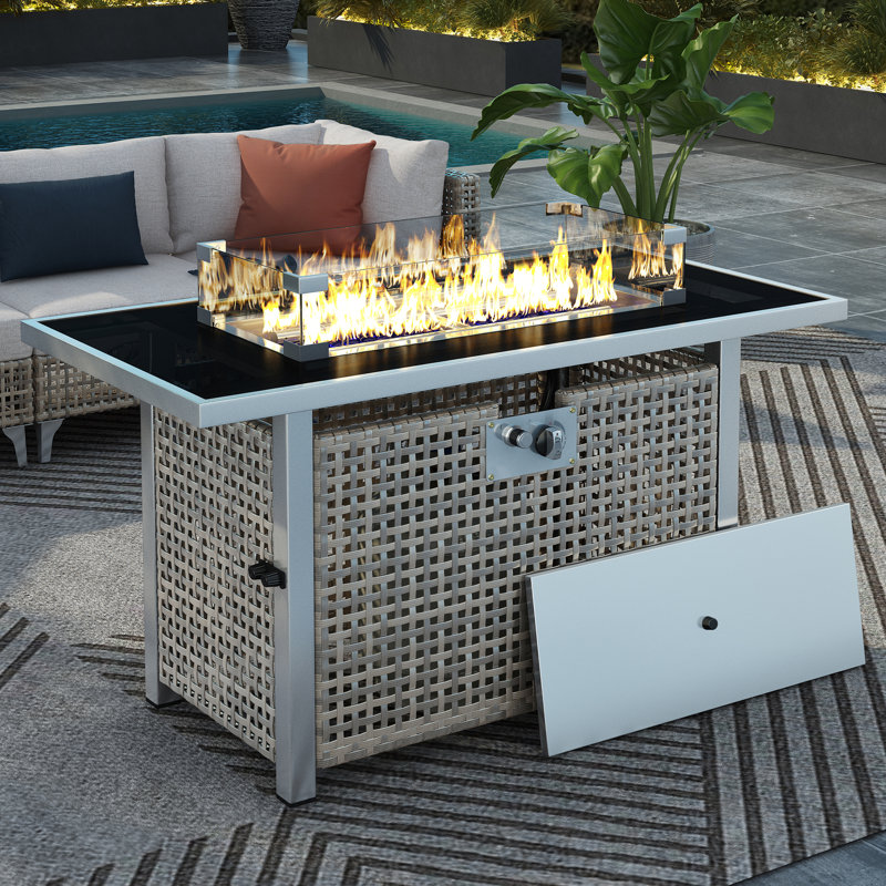 Roomfitters 43" Propane Fire Pit Table, 60,000 BTU Rectangular Wicker Fire Pit with Glass Wind Guard for Patio, Grey, Grey