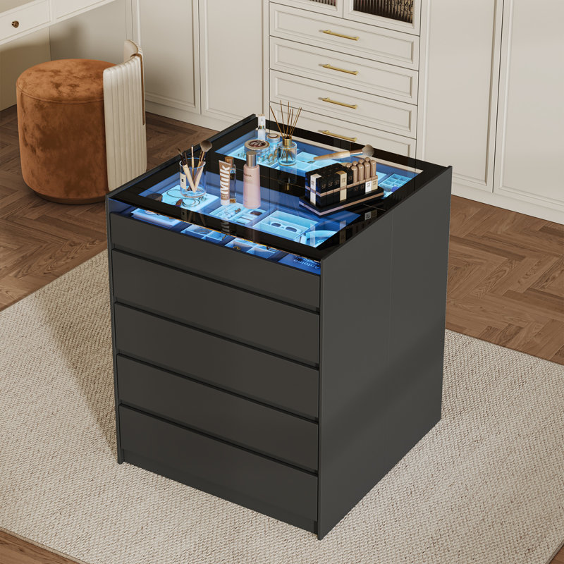 Commode haute noire 5 tiroirs avec lumières DEL et commode en verre, Noir