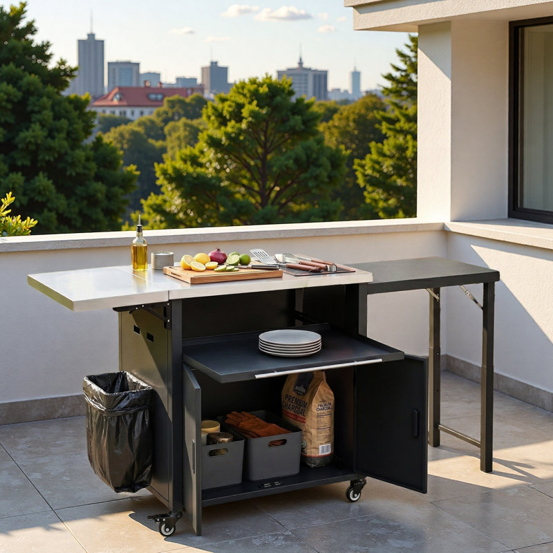 Chariot pour îlot de cuisine pour l'extérieur avec support à déchets, plateau pliable, panneau Lron extensible et espace de rangement