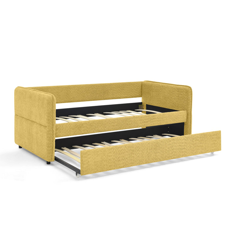 Divan-lit capitonné en tissu avec lit gigogne Boucle, Lit simple, Jaune