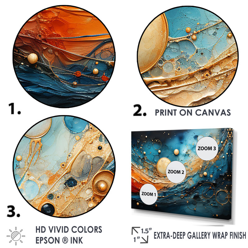 " Beige Planetary Harmony On Blue ", Gold Picture Framed Canvas, 30" H x 40" W x 1.5" D