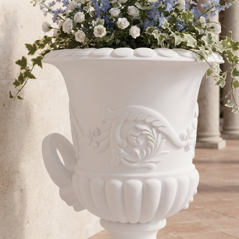 White Classic Roman Pedestal Urn, Decorative Outdoor Flower Planter