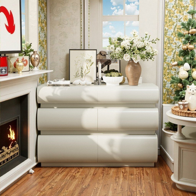 Commode 6 tiroirs en bois d'ingénierie sans poignée avec rangement large et sécurité anti-basculement, Blanc