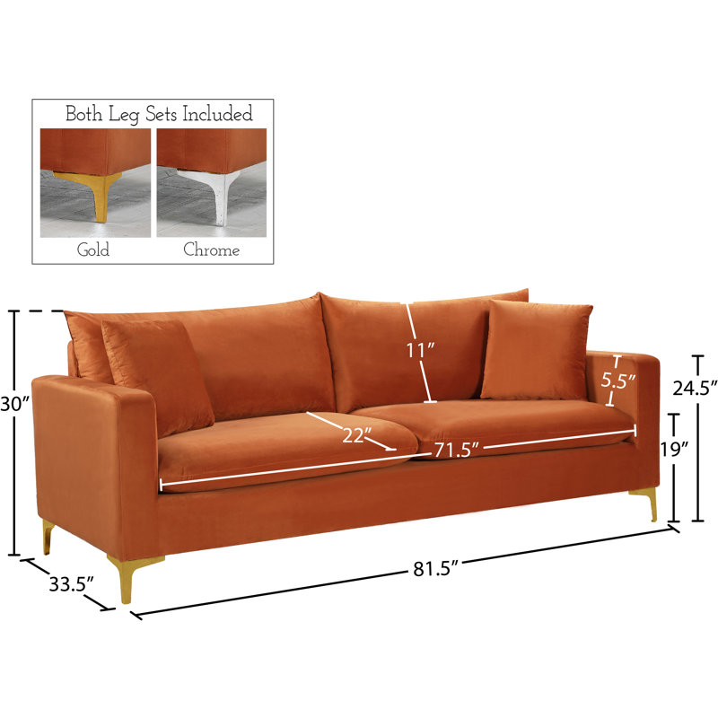Naomi 81.5" Velvet Square Arm Sofa, Cognac Velvet