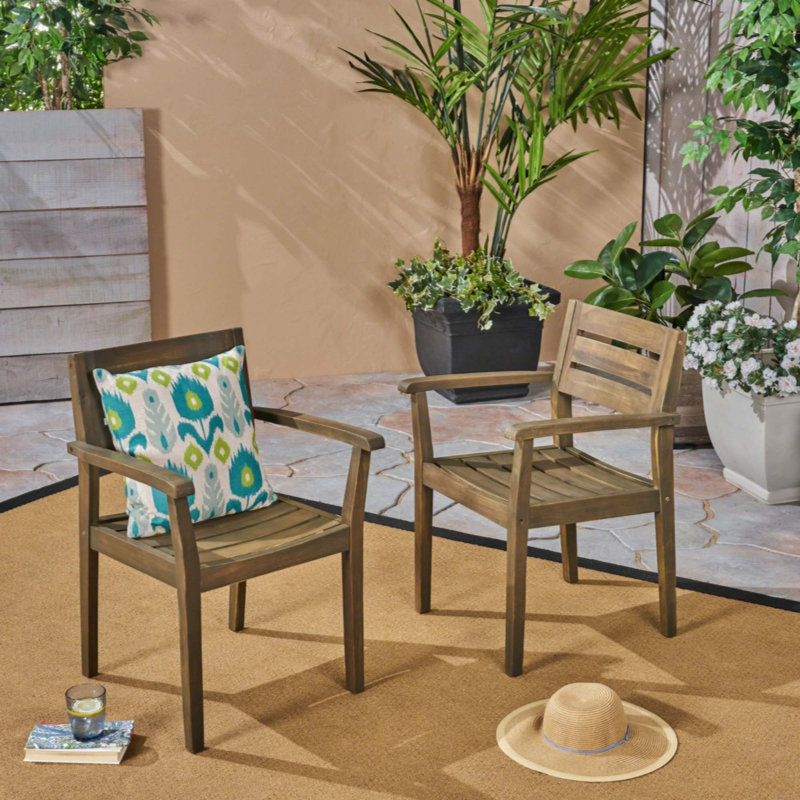 Ensemble de 2 chaises de salle à manger, fauteuil de patio en bois d'acacia, pour cour, bord de piscine, jardin, Brun