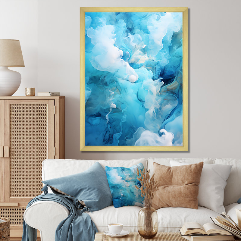 Fusion marine et blanche sur toile, Cadre doré simple, H 32 po x l 16 po x P 1 po