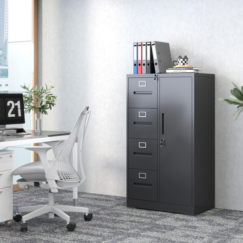 Black Metal 4-Drawer Vertical Mobile Filing Cabinet with Lock