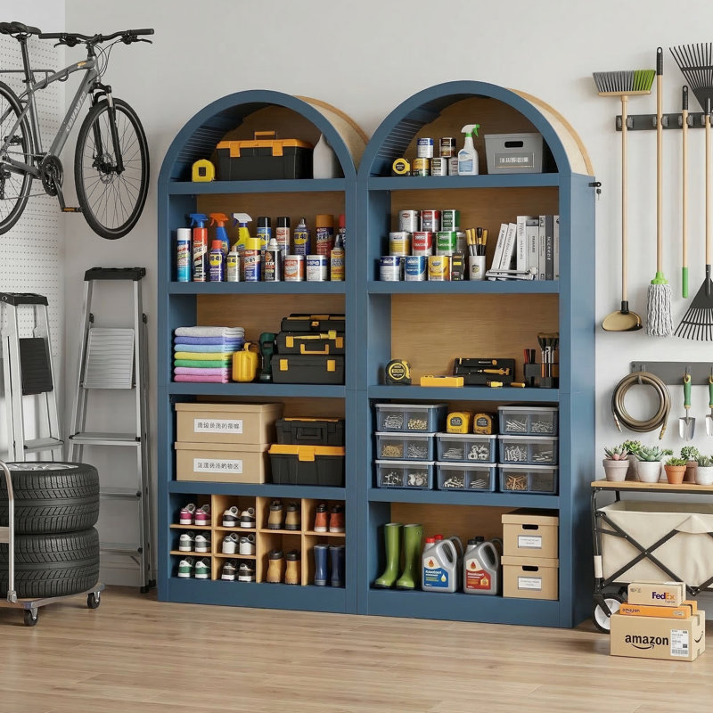 Set of 2 Freestanding Tall Storage Cabinets with 5-Tier Open Shelves, Blue/Natural, Blue