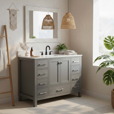 Meuble-lavabo autoportant moderne avec structure en bois massif et rangement à fermeture en douceur